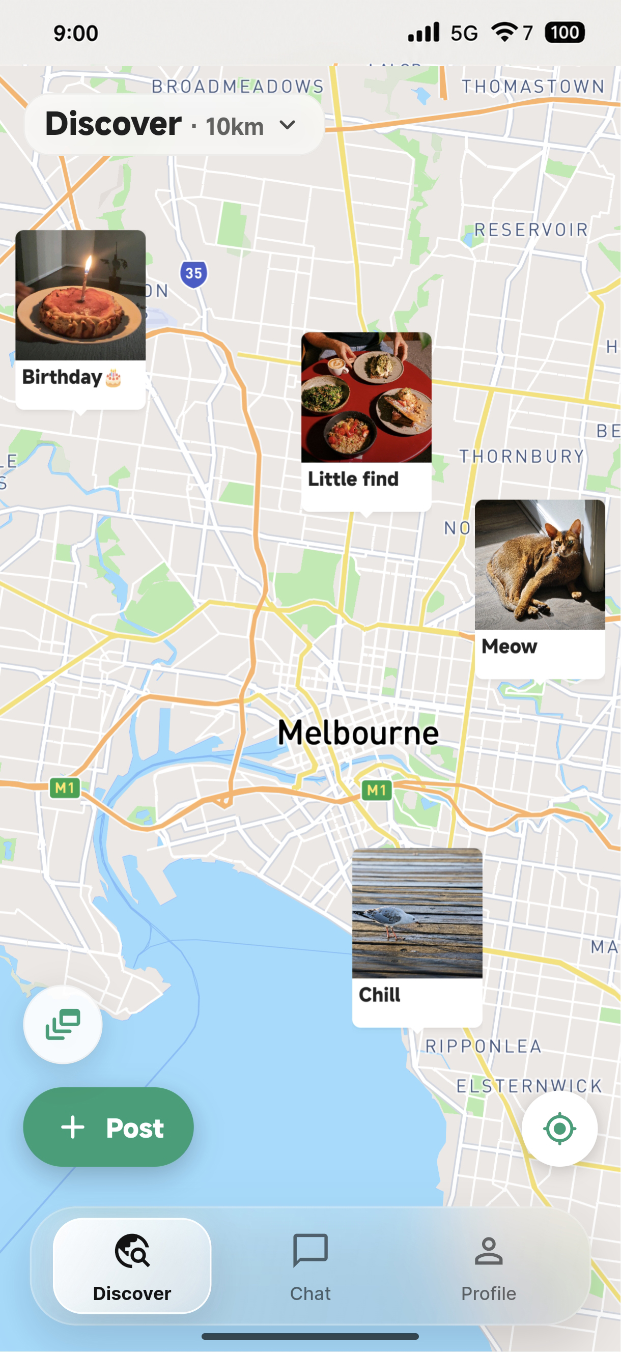 Yuno Discover map screen showing nearby local posts