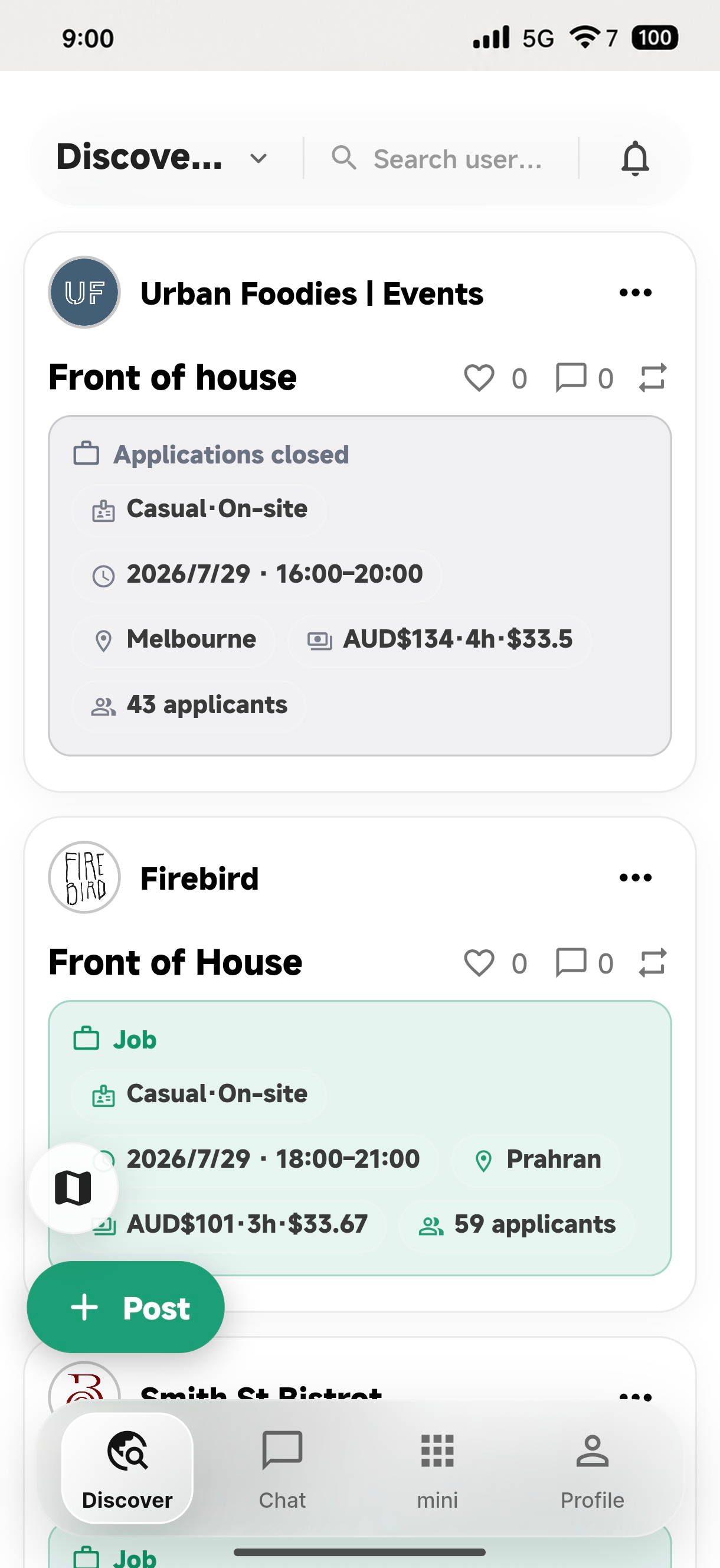 Yuno Jobs feed showing local roles, shift times, pay and applicant counts